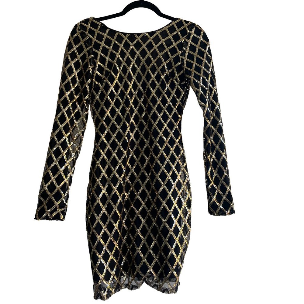 Forever 21 Long Sleeve Black Gold Diamond Pattern Sequence Cocktail Party Dress